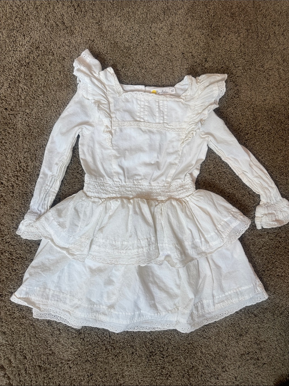 Mini Boden White Ruffle Lace-Trim Long Sleeve Dress with Peplum Skirt